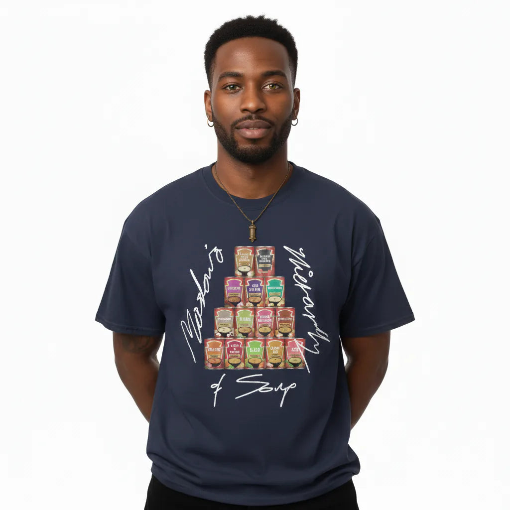 Man wearing a navy blue t-shirt with a graphic design on a white background