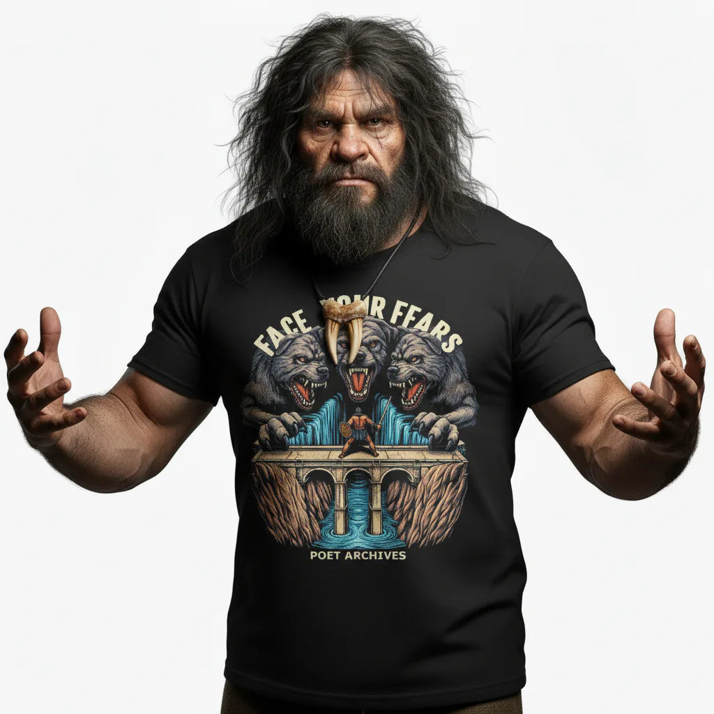 Person wearing a black t-shirt with a graphic design of three roaring wolves and text.