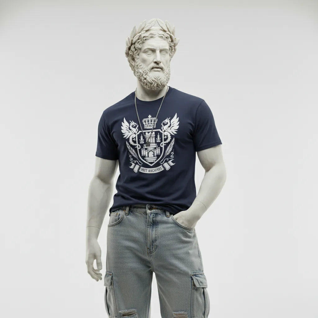 Man wearing a navy blue t-shirt with a white emblem design on a plain background