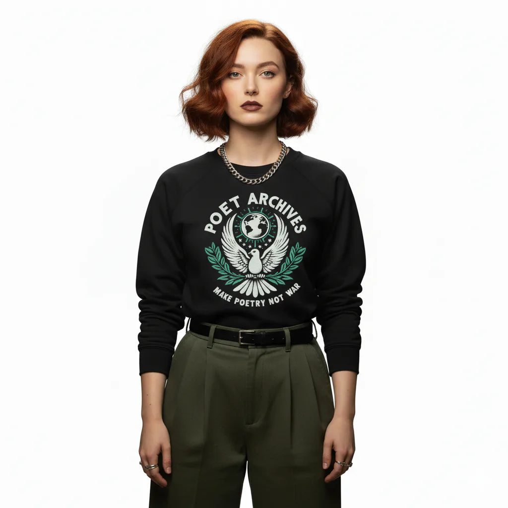 Person wearing a black sweatshirt with 'Poet Archives' design on a white background