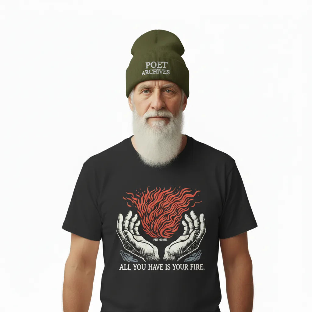 Man wearing a black t-shirt with a design and a green beanie with 'POET ARCHIVES' text on a white background