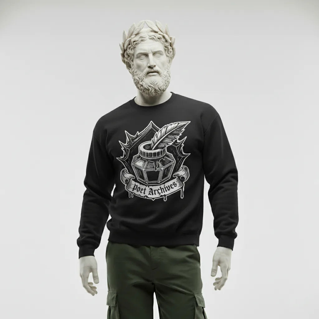 Black sweatshirt with a design worn by a statue-like figure on a white background