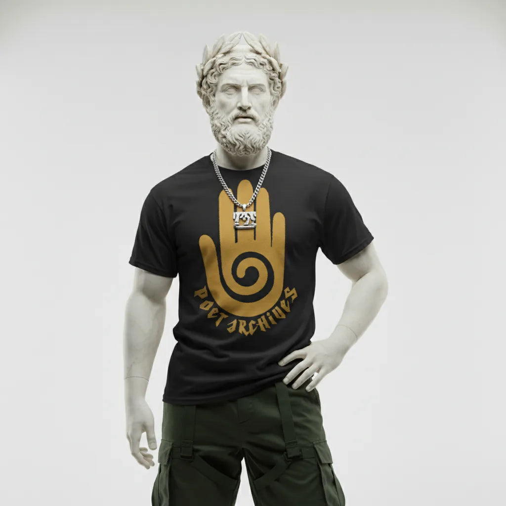 Statue wearing a black t-shirt with a gold graphic design on a white background