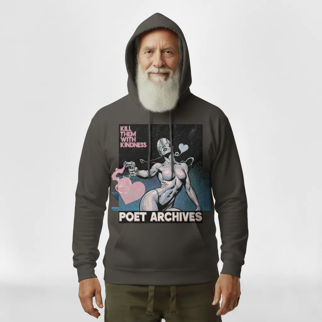Person wearing a dark hoodie with graphic design and text on a white background