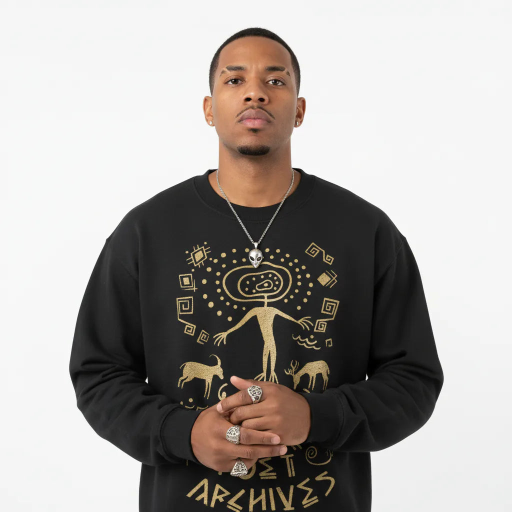 Man wearing a black sweatshirt with gold graphics and text on a white background