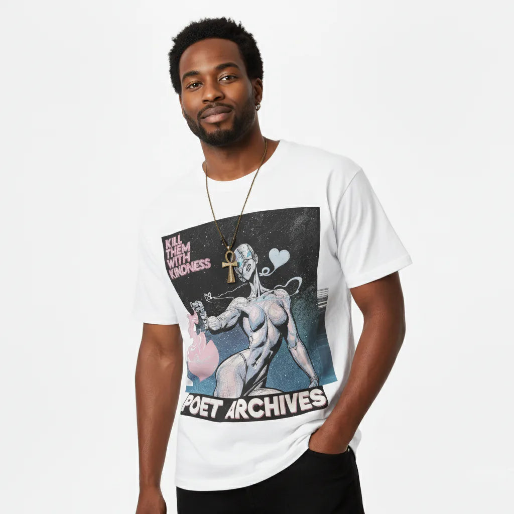 Man wearing a white t-shirt with graphic design and text