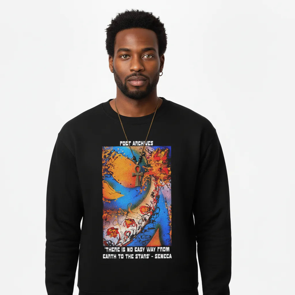 Man wearing a black sweatshirt with a colorful graphic design on a white background