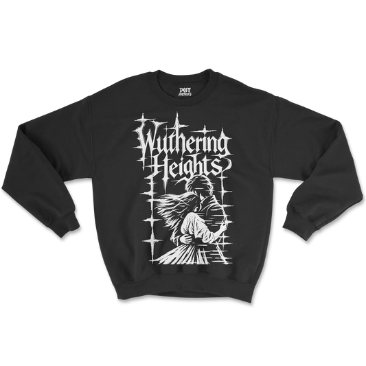 Black Wuthering Heights graphic sweatshirt by Poet Archives featuring bold white gothic lettering and distressed literary artwork on an oversized crewneck sweatshirt, styled with blue jeans.