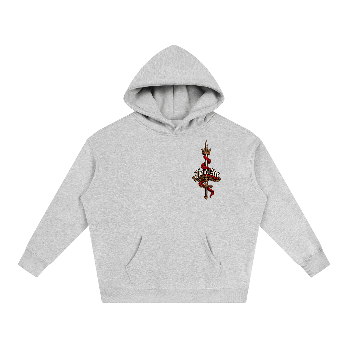 A light heather gray pullover hoodie with a small graphic on the left chest featuring a red and black snake wrapped around a cross with the text 'Jesus Saves'. The hoodie is displayed flat against a solid white background.