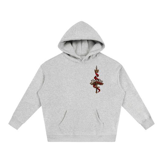A light heather gray pullover hoodie with a small graphic on the left chest featuring a red and black snake wrapped around a cross with the text 'Jesus Saves'. The hoodie is displayed flat against a solid white background.