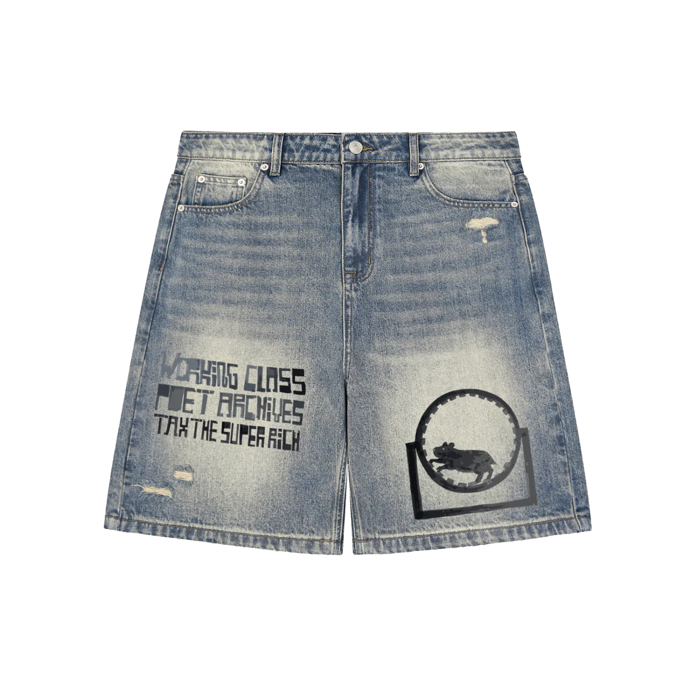 Denim shorts with graphic designs and text on a white background