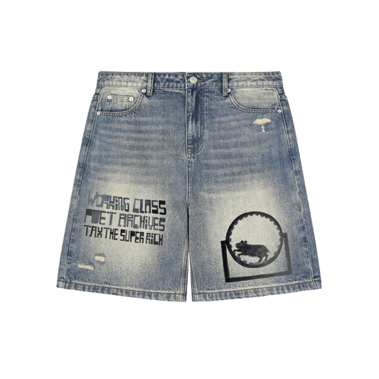 Denim shorts with graphic designs and text on a white background