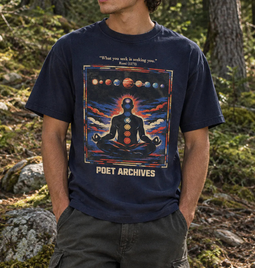 A man wearing a navy blue graphic t-shirt with a colorful chakra design and the text 'POET ARCHIVES' and 'What you seek is seeking you.' by Rumi (1279), standing in a forest setting.