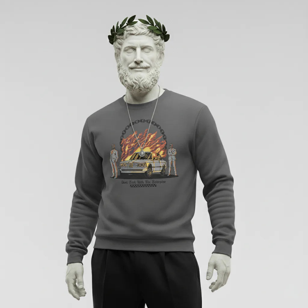 Gray sweatshirt with graphic design on a plain background