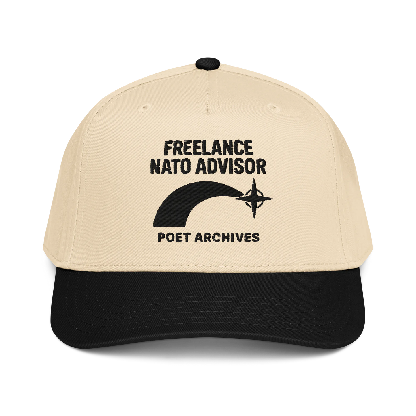 Beige and black cap with 'Freelance NATO Advisor' text and logo on a white background