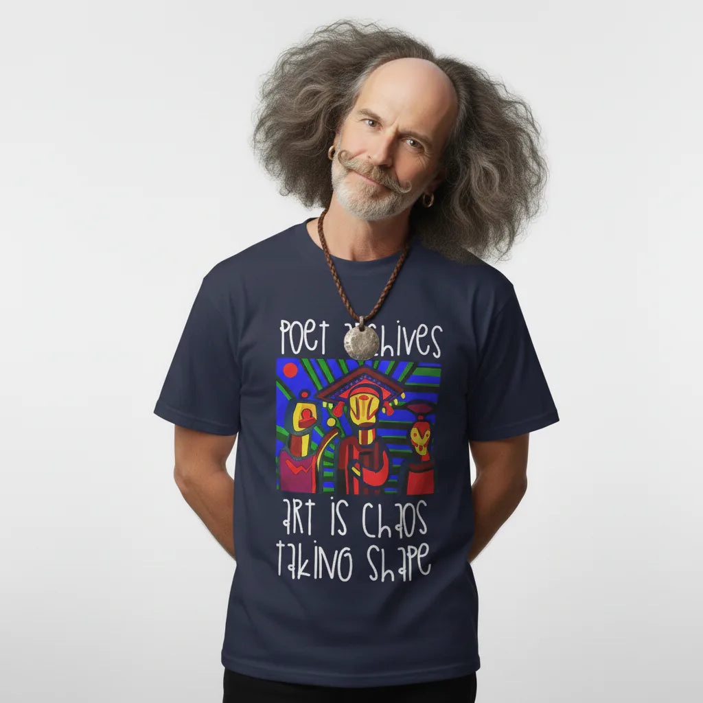 Man wearing a navy blue t-shirt with colorful graphic and text on a white background