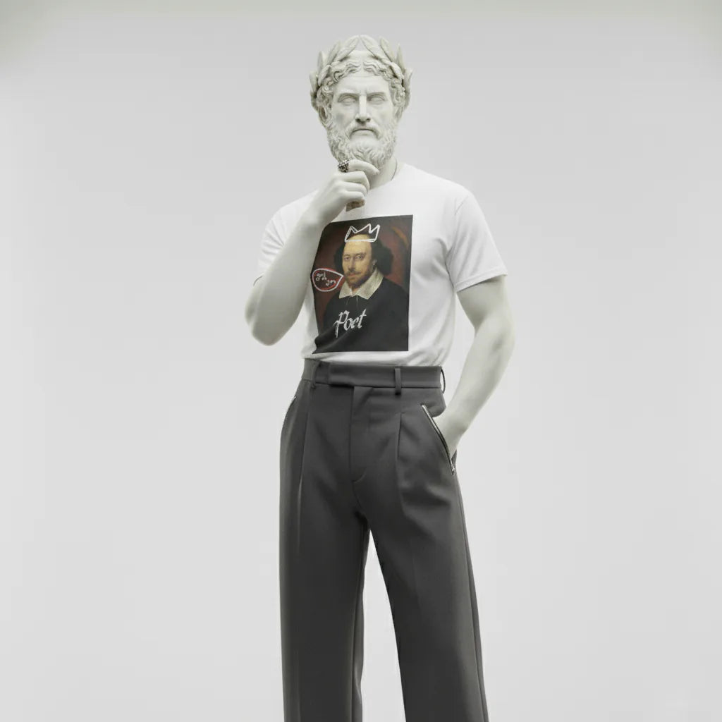 Mannequin wearing a white t-shirt with a graphic design and gray pants on a plain background