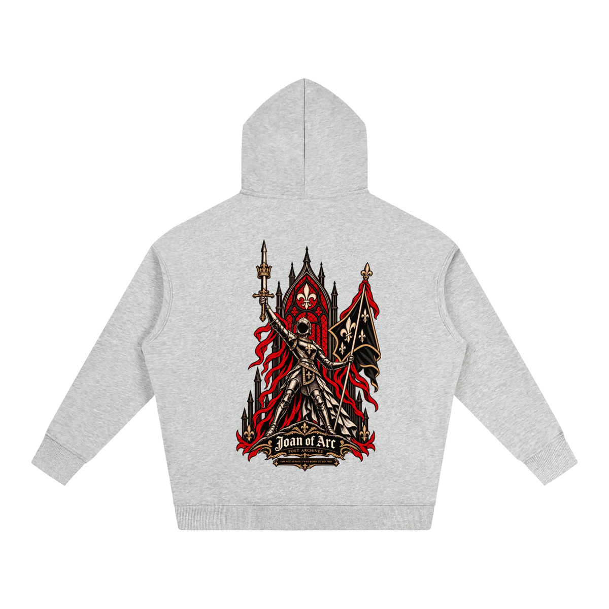 A light heather gray hoodie shown from the back, featuring a large graphic print of a knight in armor holding a sword and banner, with the text 'Joan of Arc' at the bottom.