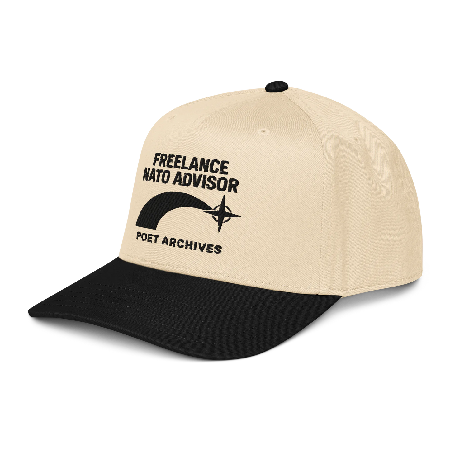 Beige and black cap with 'Freelance NATO Advisor' text and logo on a white background