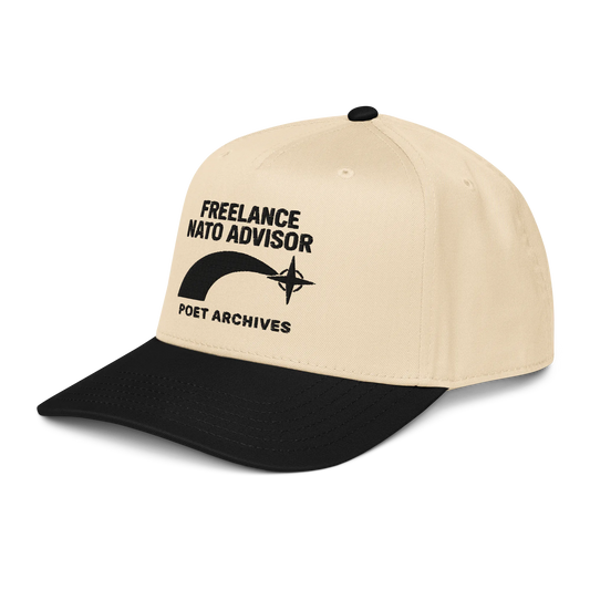 Beige and black cap with 'Freelance NATO Advisor' text and logo on a white background