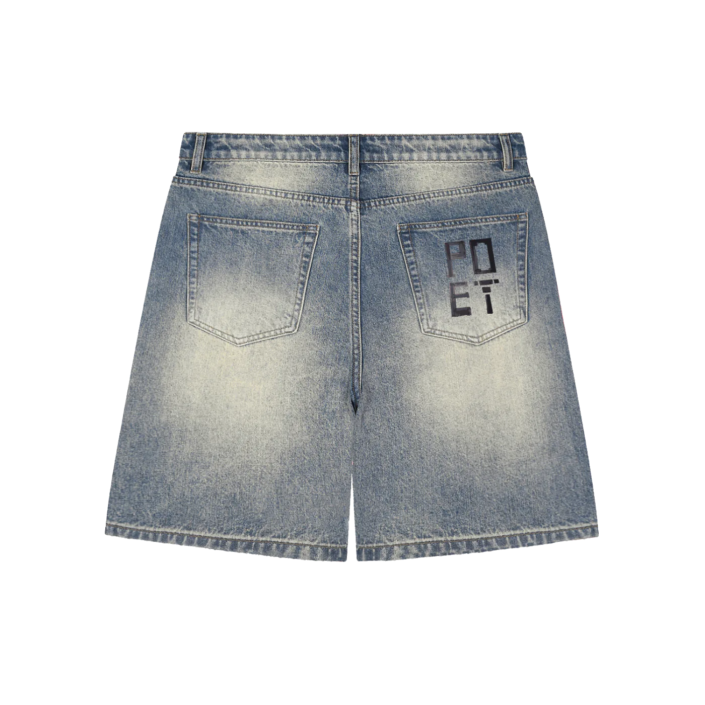 Back view of light blue denim shorts with a brand logo on a white background