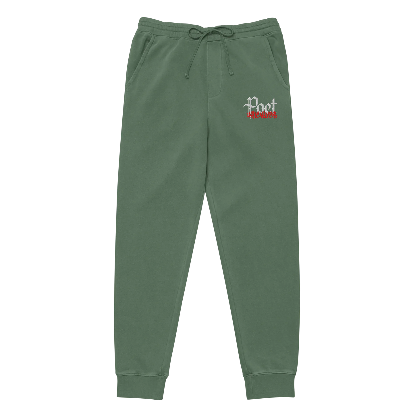 Green sweatpants with a logo on the left leg against a white background