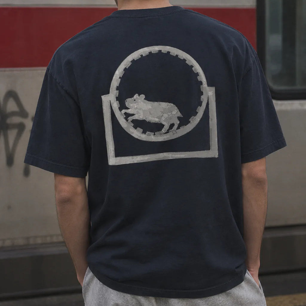 A man viewed from behind wearing a navy blue t-shirt with a large white graphic of a dog inside a circular frame on the back, paired with a navy cap and light gray sweatpants, standing in front of a train.