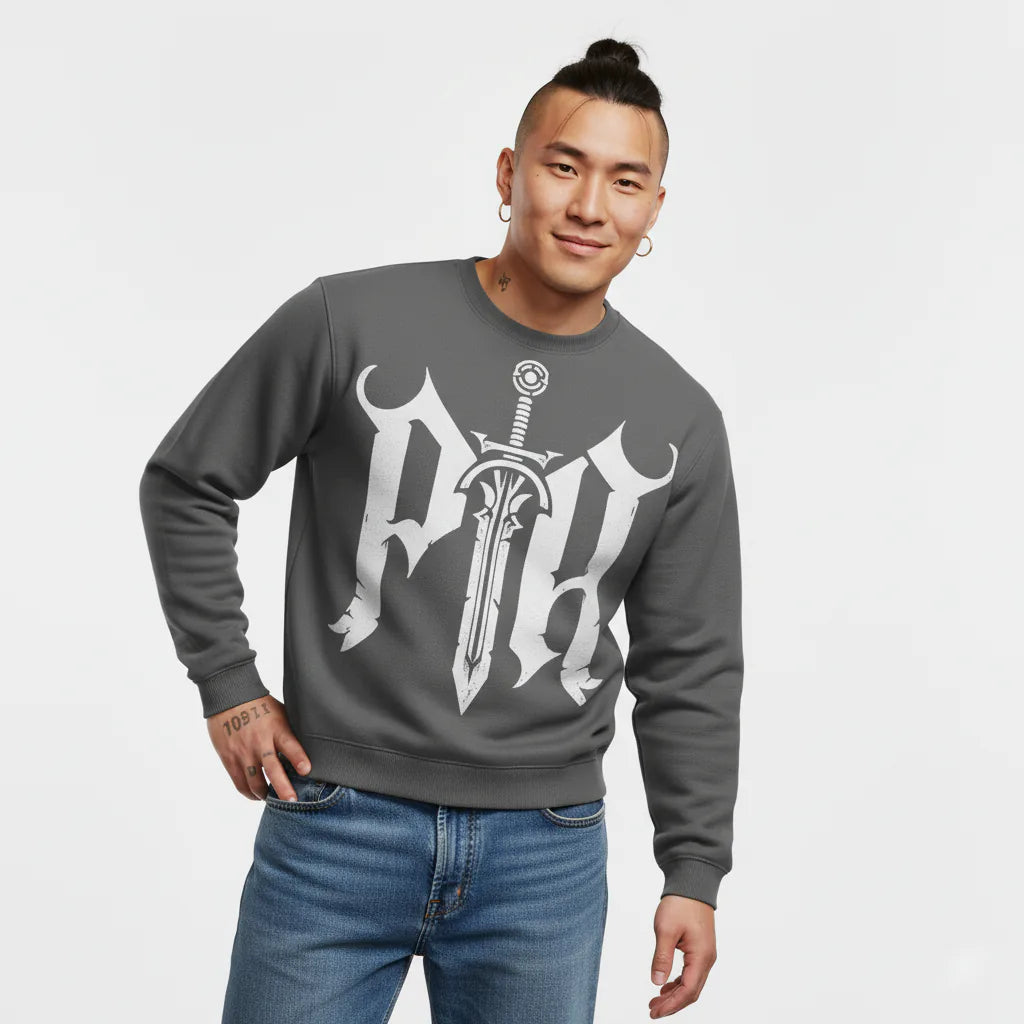 Man wearing a gray sweatshirt with a white graphic design on a light gray background