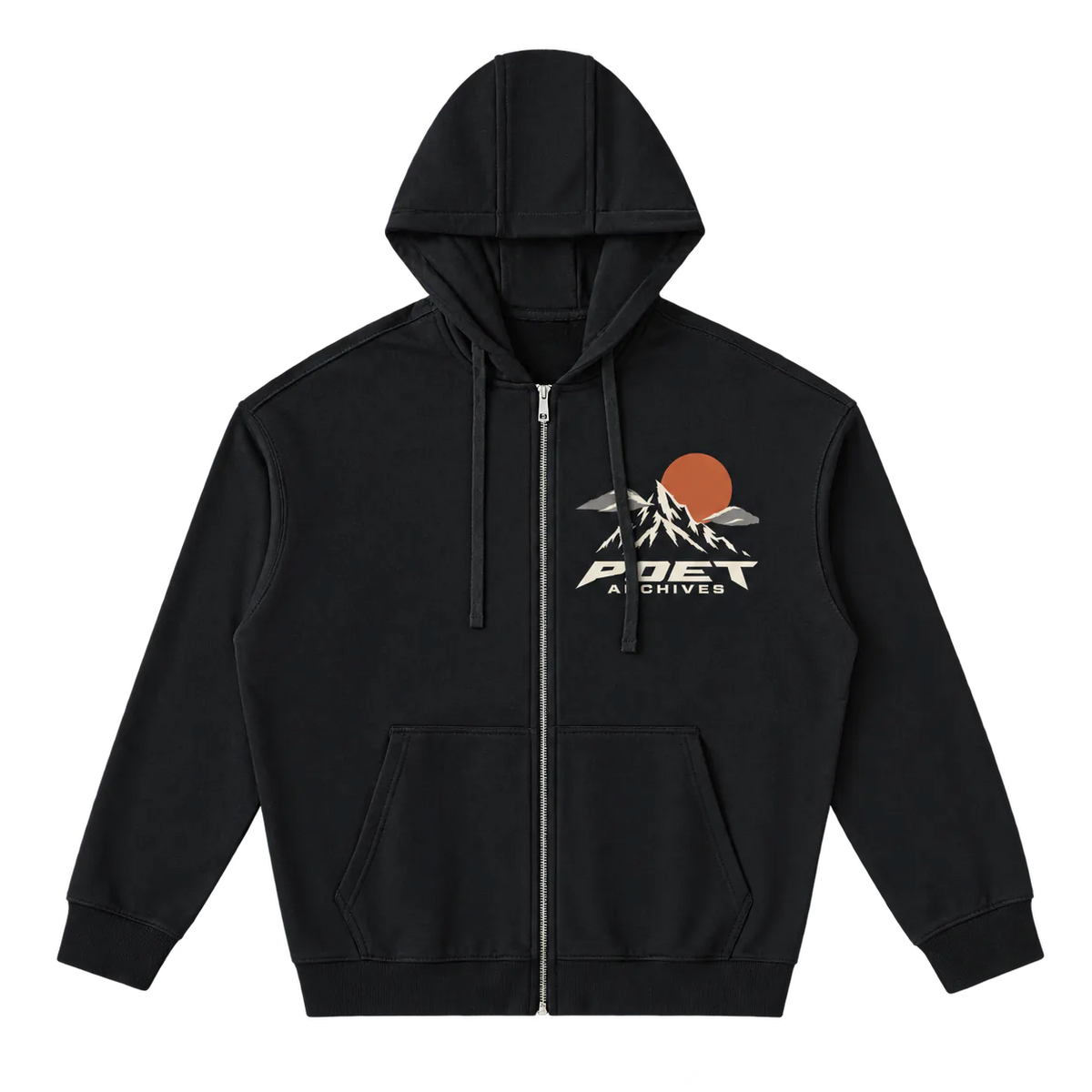 A black zip-up hoodie with a drawstring hood and kangaroo pockets, featuring a chest graphic of a mountain, an orange sun, and the text 'POET ARCHIVES'.