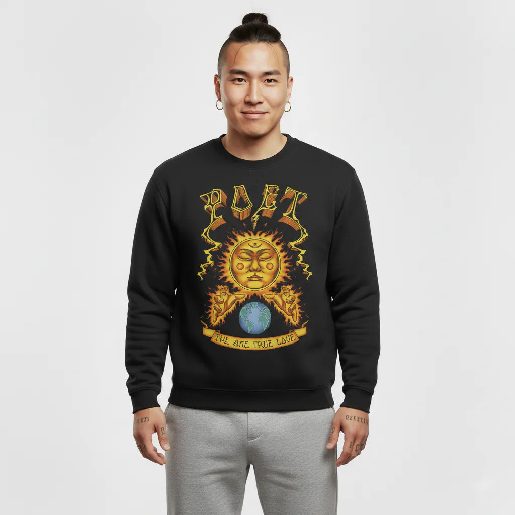 Person wearing a black sweatshirt with a graphic design on a white background