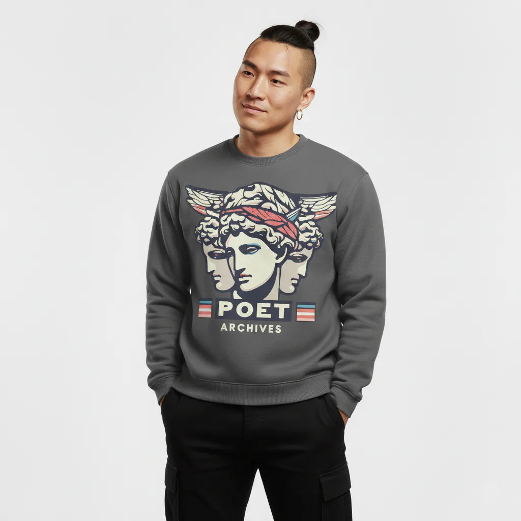 Person wearing a gray sweatshirt with a graphic design and text on a white background