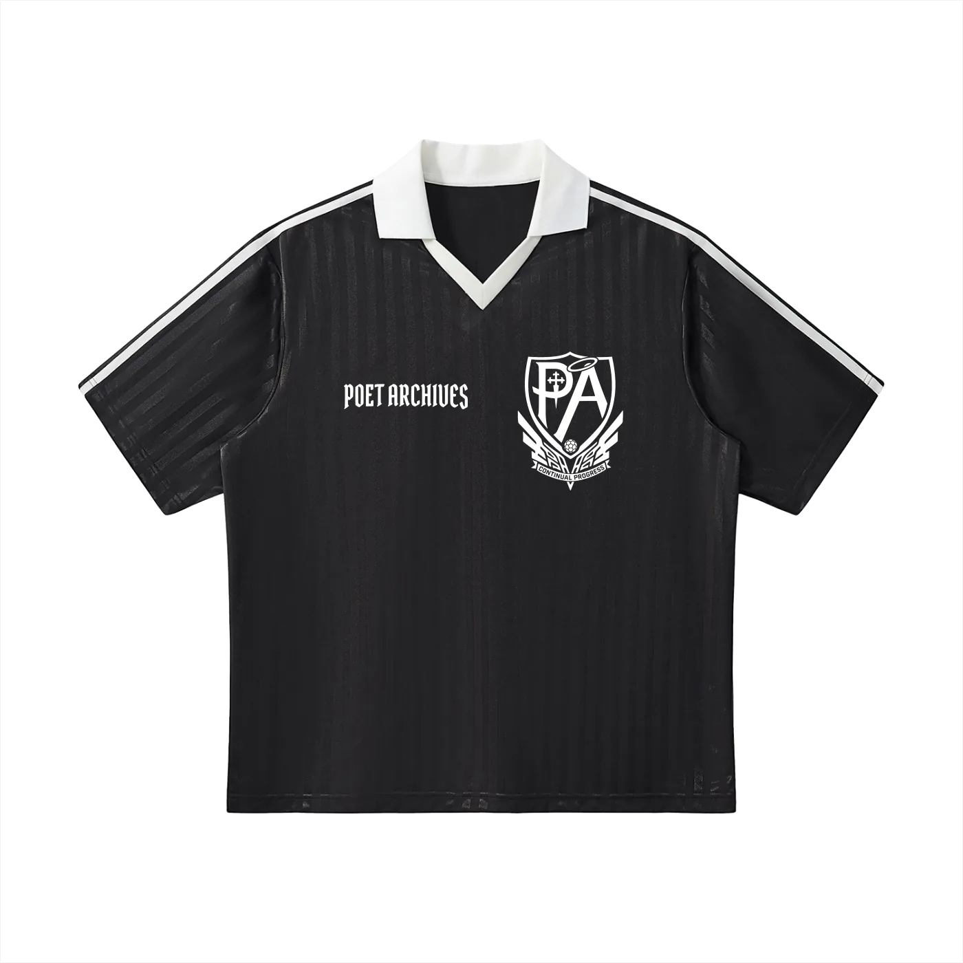 Black sports jersey with white accents and logos on a white background