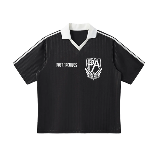 Black sports jersey with white accents and logos on a white background