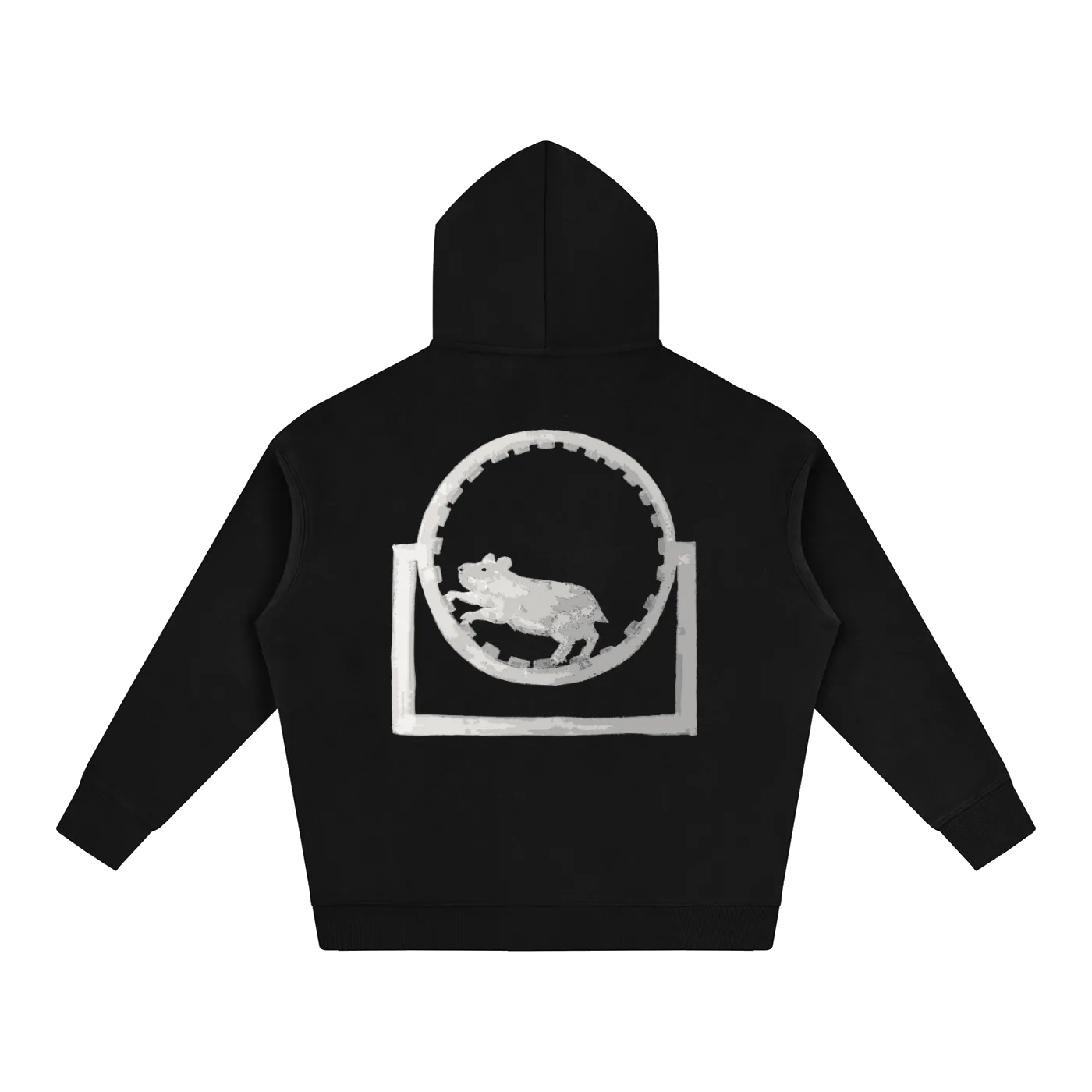 Black hoodie with a white graphic design on the back against a white background