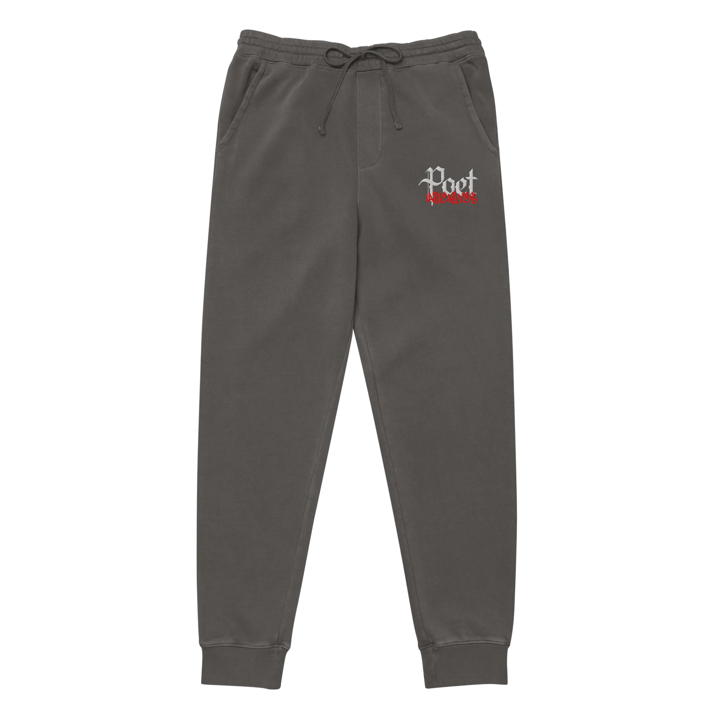 Dark gray sweatpants with a logo on the left leg against a white background