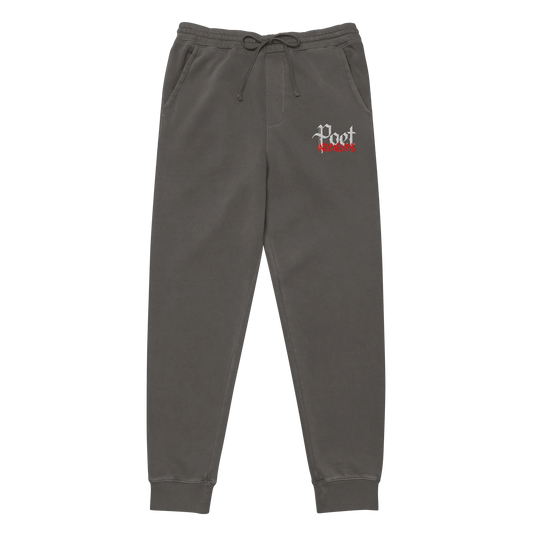Dark gray sweatpants with a logo on the left leg against a white background