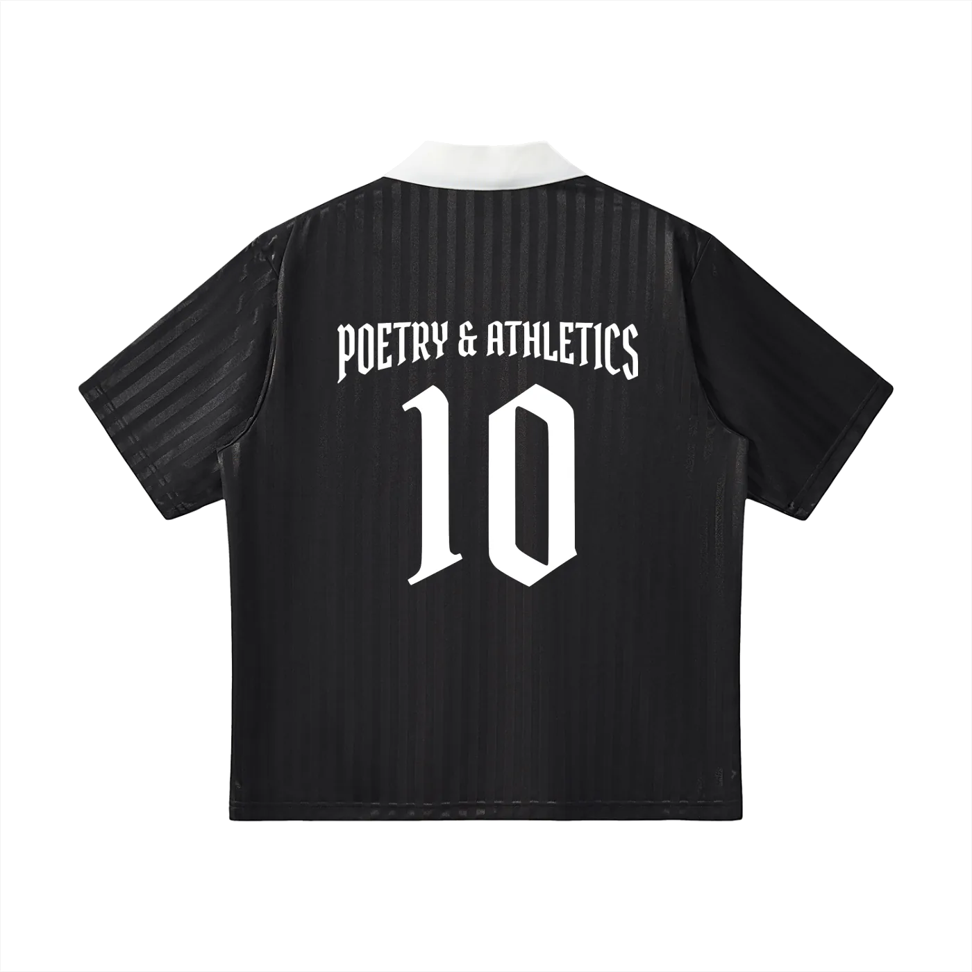 Black sports jersey with 'POETRY & ATHLETICS' and number '10' on a white background