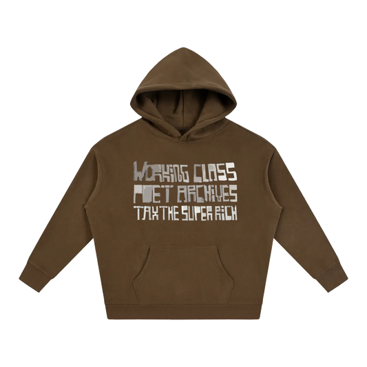 Brown hoodie with text on a white background
