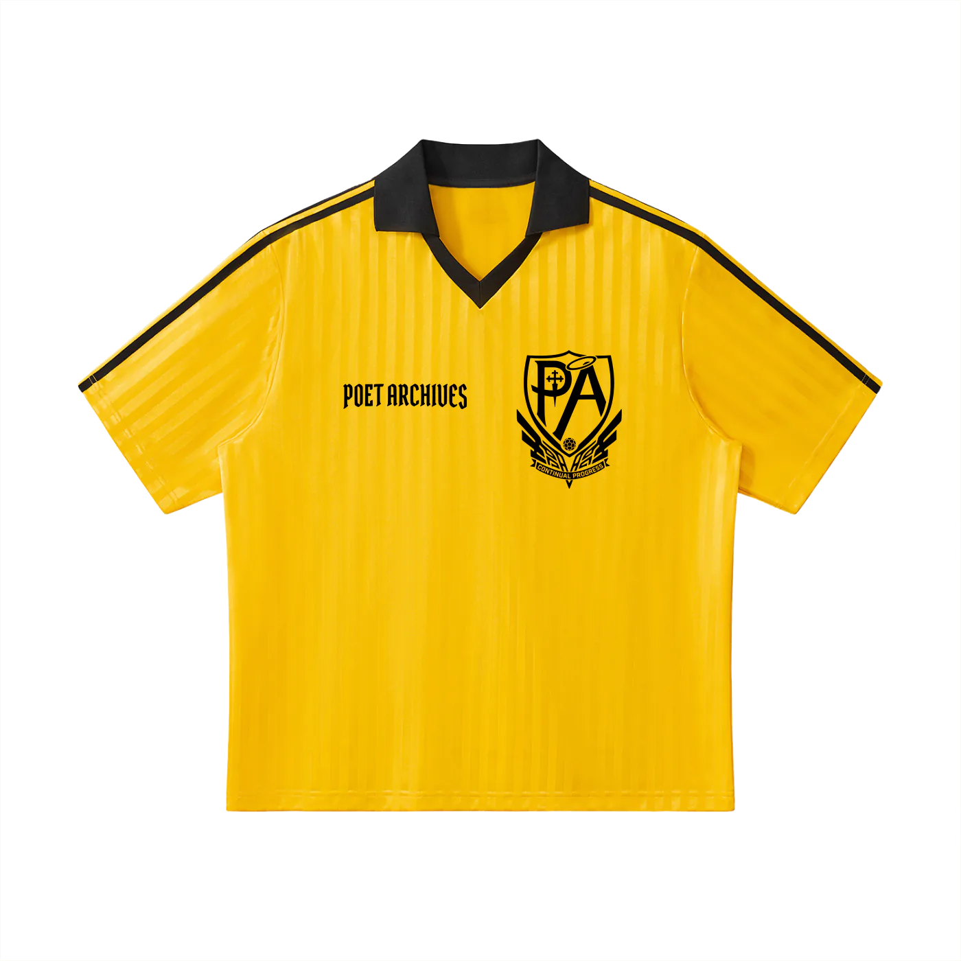 Yellow sports jersey with black accents and logos on a white background