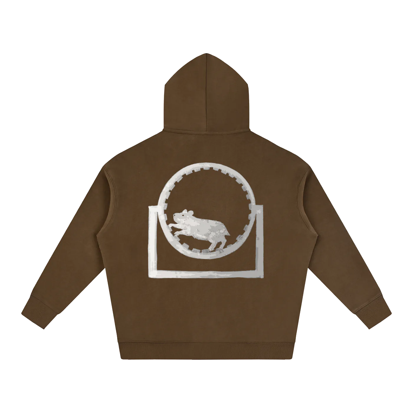 Brown hoodie with a white graphic design on the back against a white background