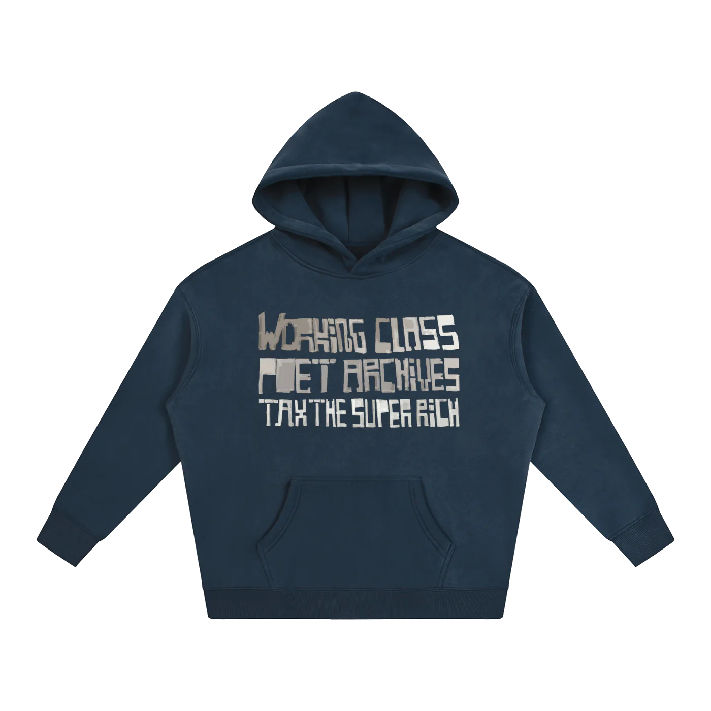 Navy blue hoodie with text on a white background