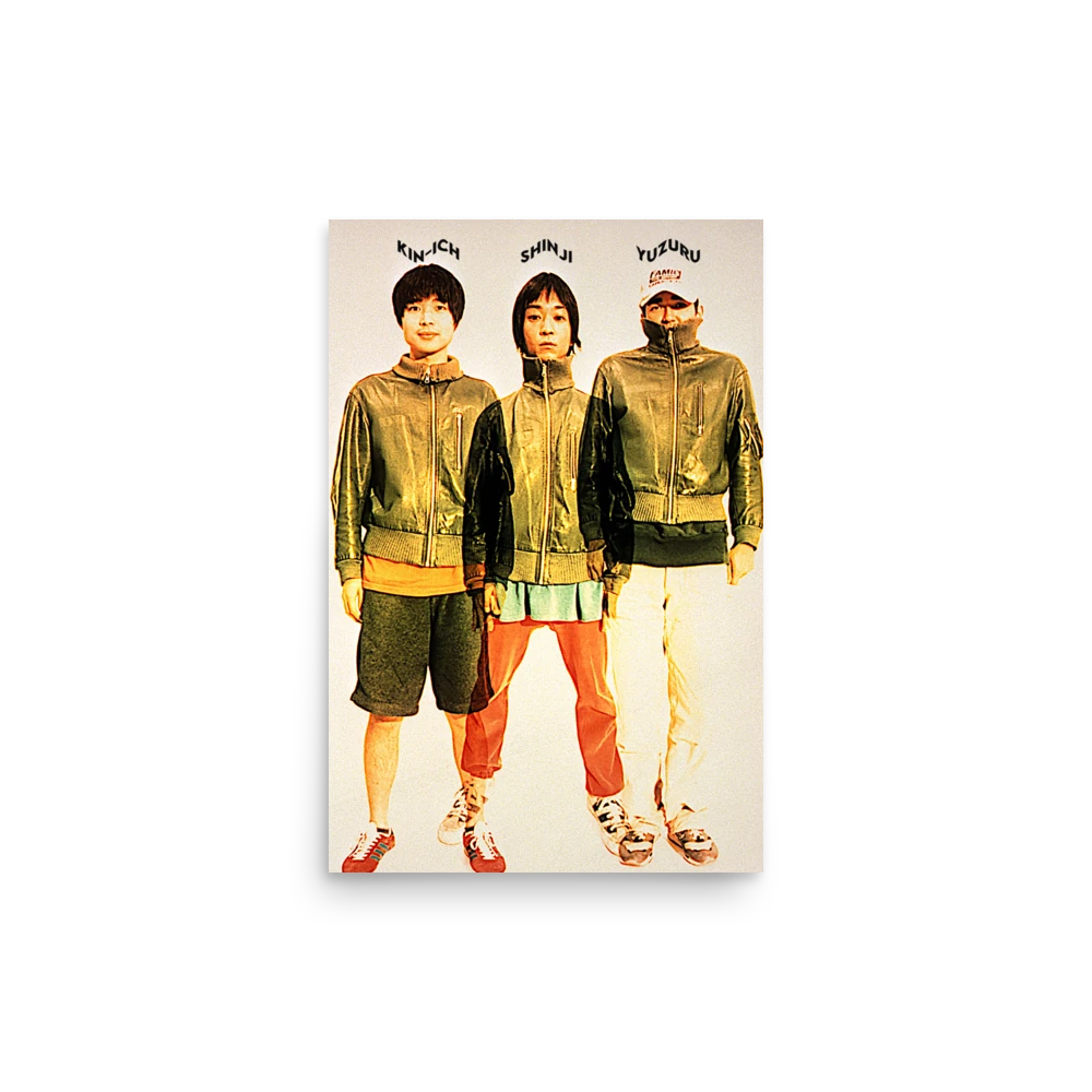 FISHMANS POSTER featuring a photo graphic of the three Fishmans band members (Kin-ichi, Shinji, Yuzuru) in matching jackets, labelled with their names, on a light background, from Poet Archives
