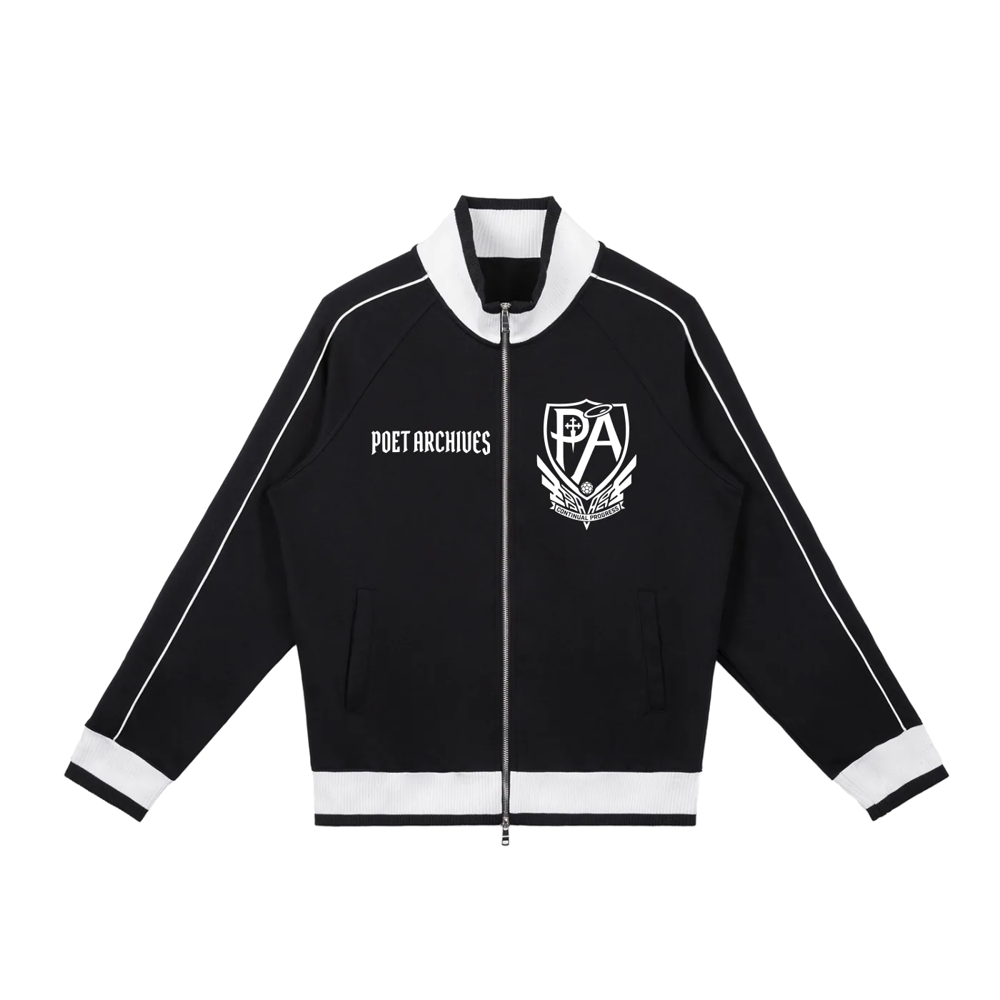 Black jacket with white accents and logos on a white background