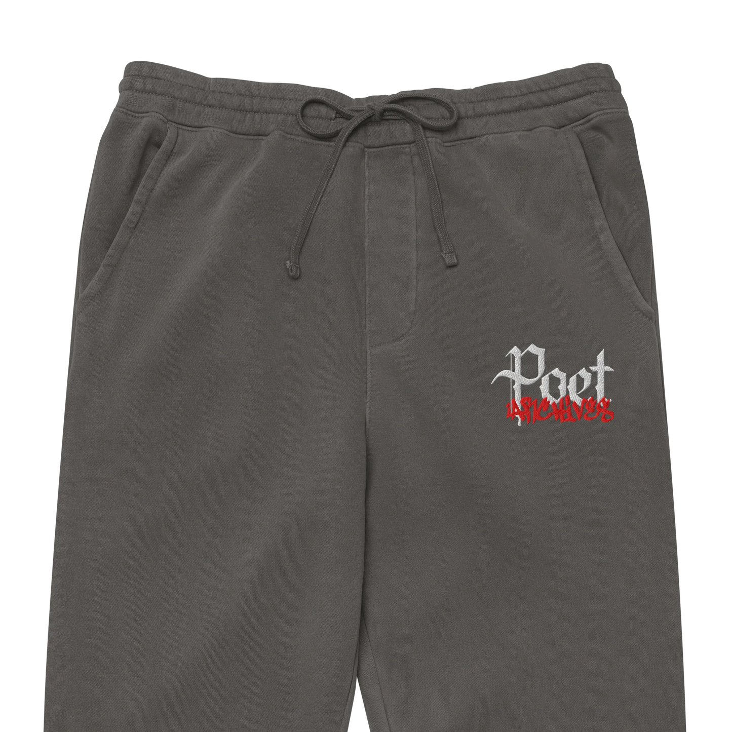Gray sweatpants with 'Poet' embroidered on a white background
