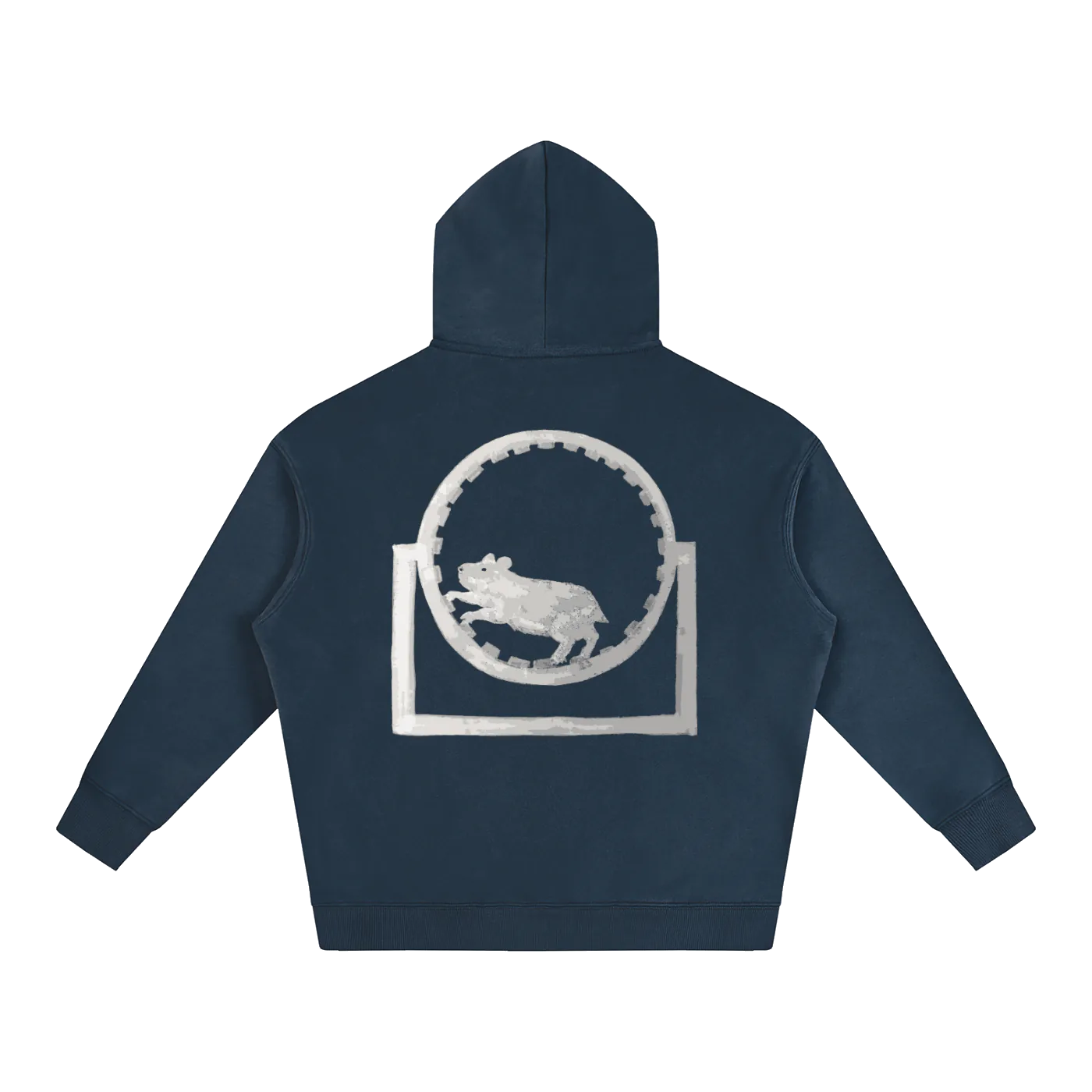 Navy blue hoodie with a white graphic on the back against a white background