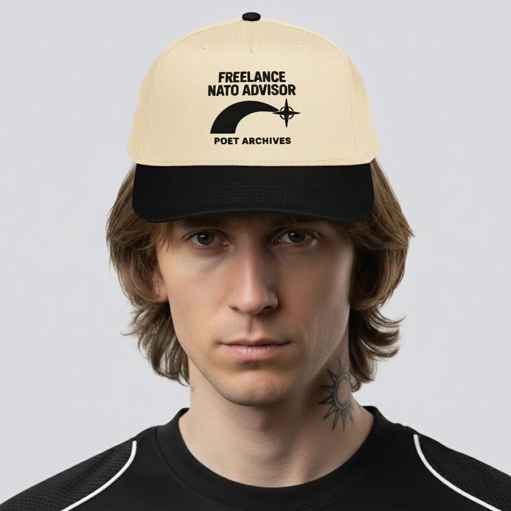 Person wearing a beige and black cap with text on a plain background