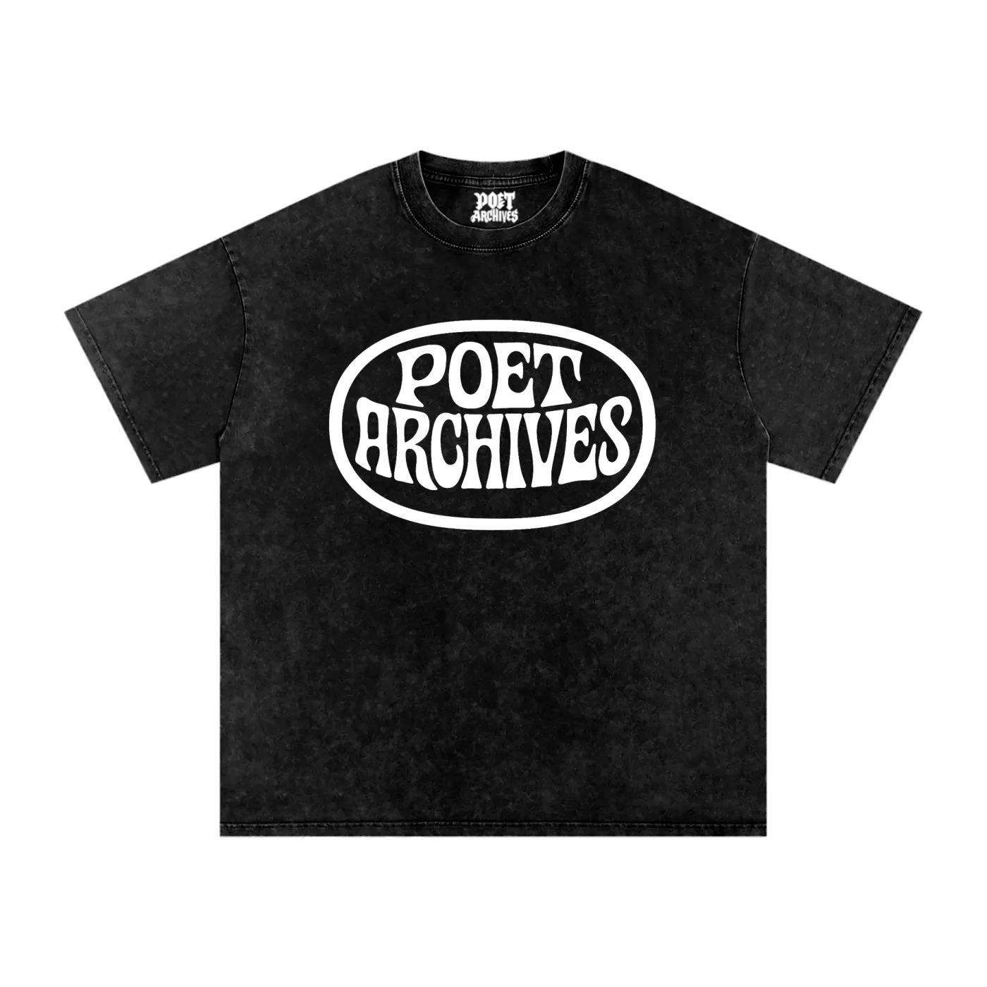 Poet Archives 250 GSM acid wash oversized T-shirt in black. Heavy cotton, oversized fit, goth and punk-inspired streetwear.