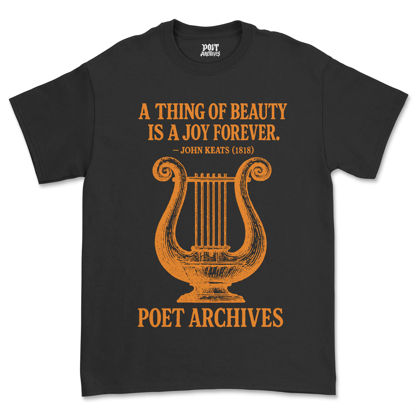 Black t-shirt with orange lyre design and text on a white background