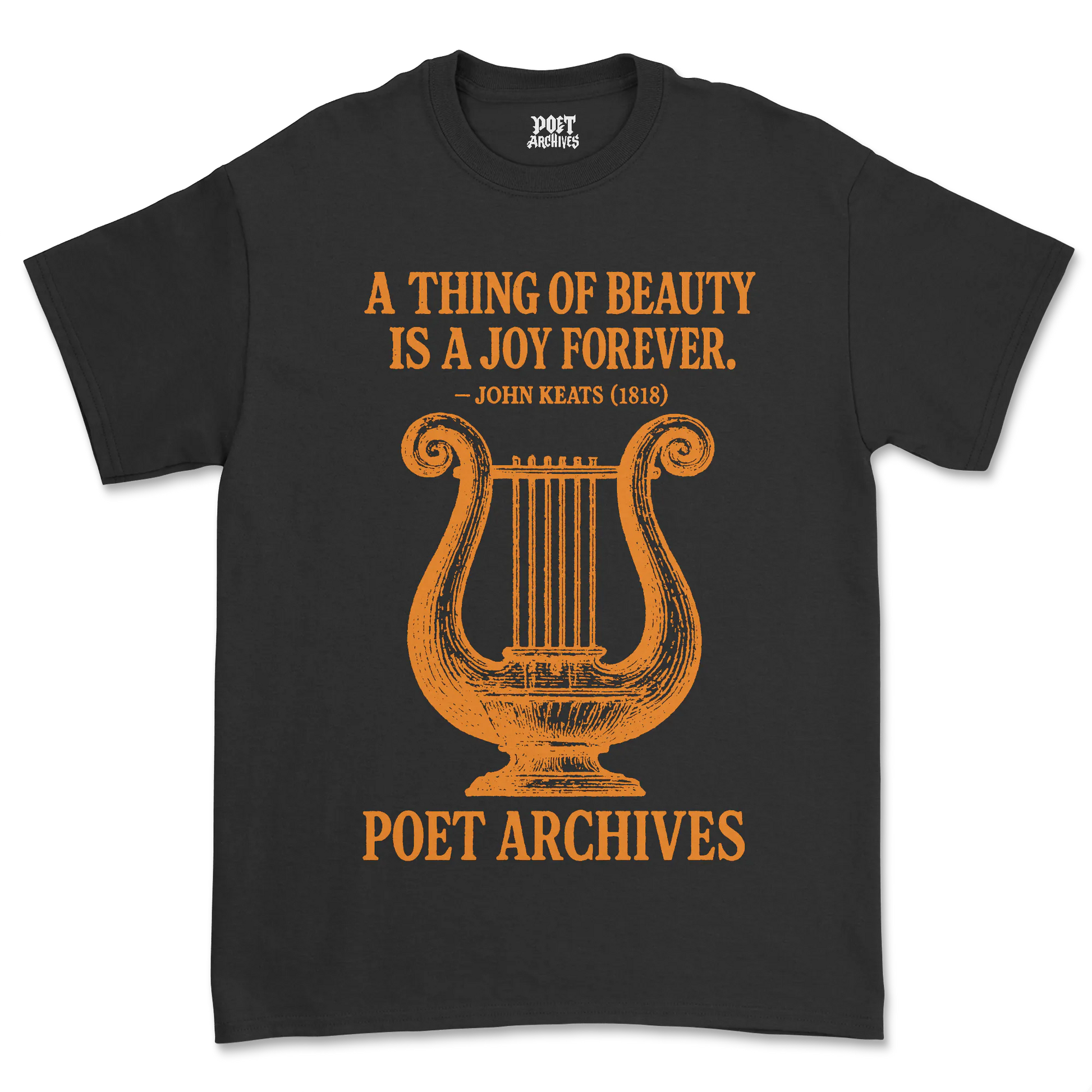 Black t-shirt with orange lyre design and text on a white background