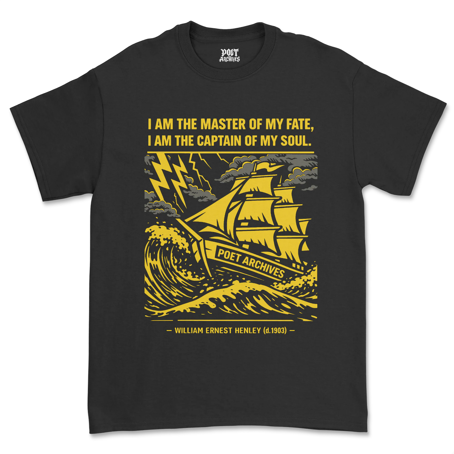 Black t-shirt with yellow ship graphic and text on a white background